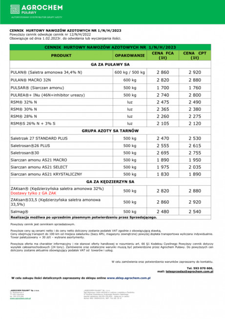 Nowy cennik od Agrochem Puławy Ile kosztują nawozy azotowe
