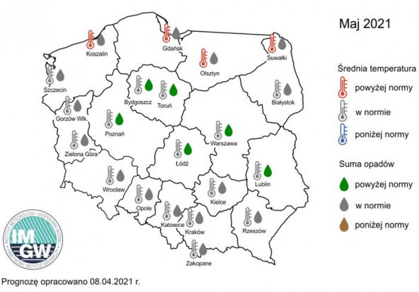 Prognoza średniej miesięcznej temperatury powietrza i miesięcznej sumy opadów atmosferycznych na maj 2021 r. dla wybranych miast w Polsce. Źródło: IMGW IMGW-PIB: Jaki będzie maj?