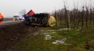 Cysterna z asfaltem wpadła w poślizg i wpadła do sadu pod Grójcem